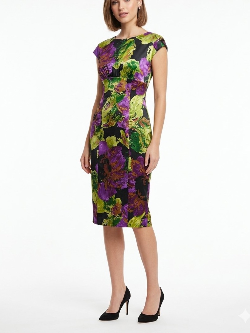 Jones New York Black Purple Green Floral Midi Dress Size 4